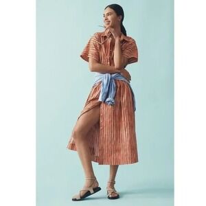 Exquise Anthropologie The Tobie Shirt Dress Maxi Red Ivory Striped Boho Sz L